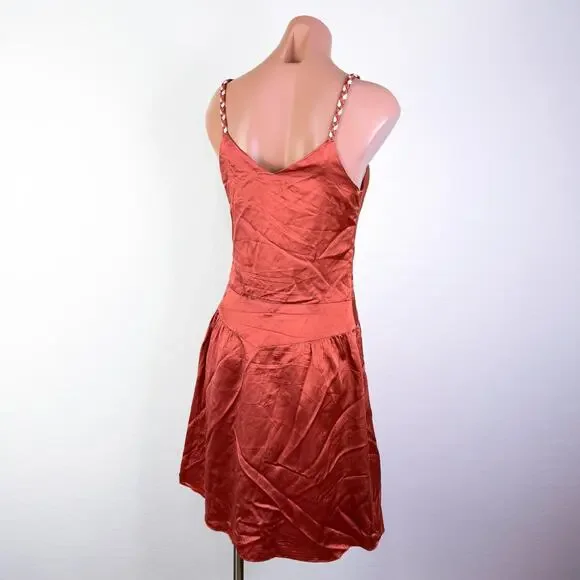 Vintage Y2K Silk Babydoll Braided Strap Sleeveless Fairy Midi Dress Rust Size 4 - Picture 7 of 11